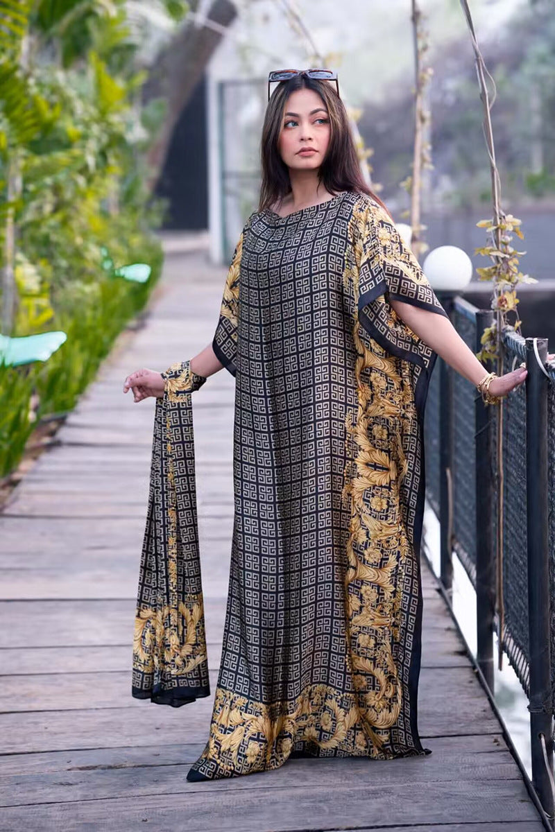 Lightweight Satin Free-Size Maxi Dress with Matching Shawl