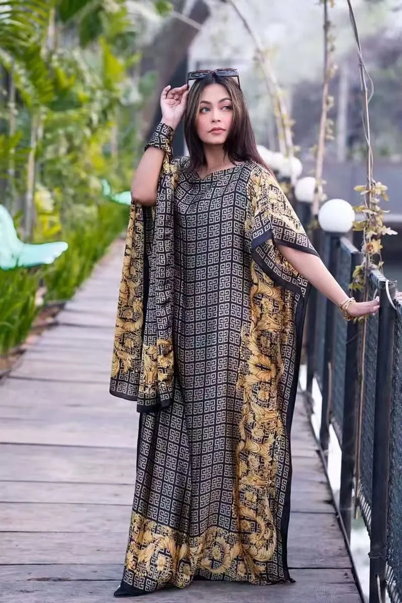 Lightweight Satin Free-Size Maxi Dress with Matching Shawl