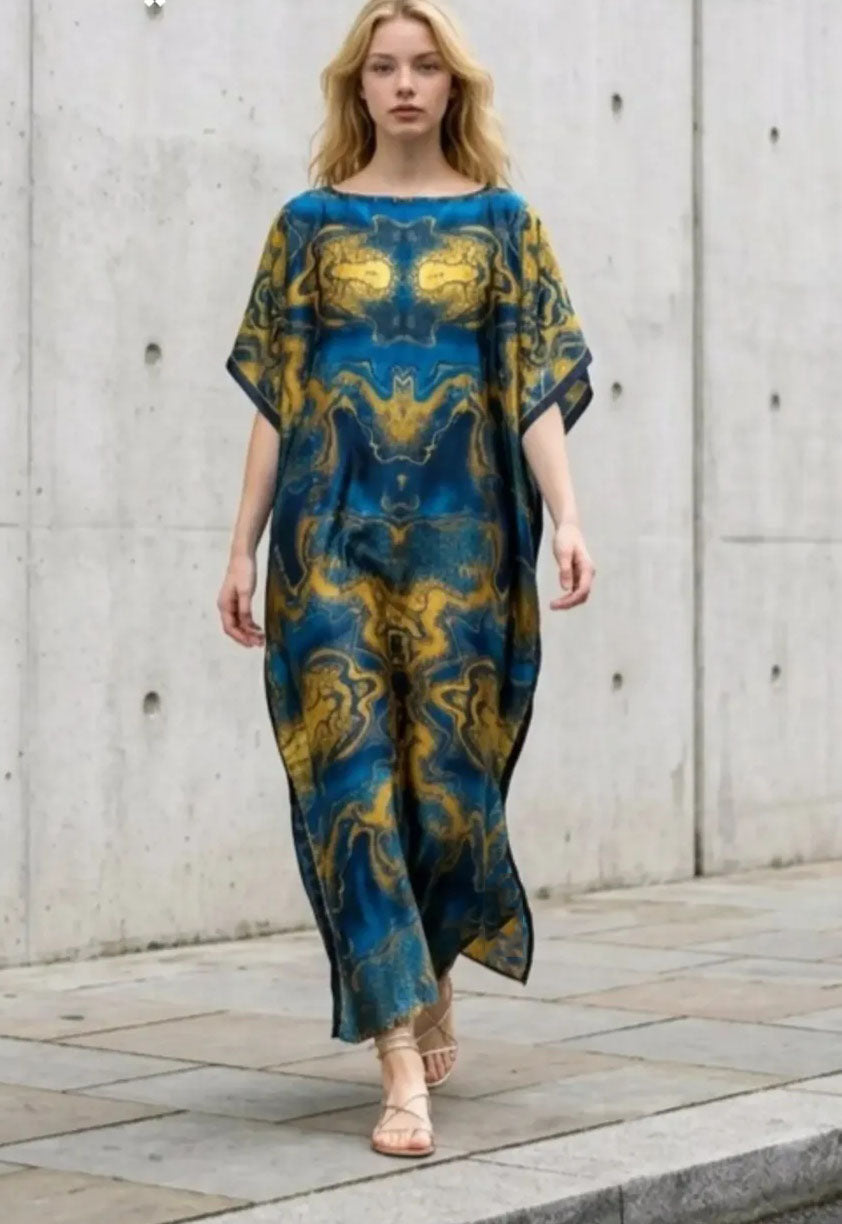 Women's Blue Satin Kaftan with Gold Print, Elegant Maxi Dress with Loose Fit - One Size (S to 2XL)