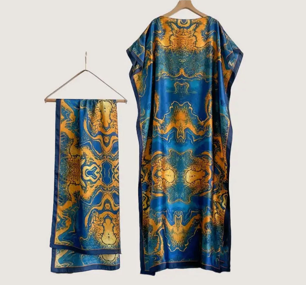 Women's Blue Satin Kaftan with Gold Print, Elegant Maxi Dress with Loose Fit - One Size (S to 2XL)