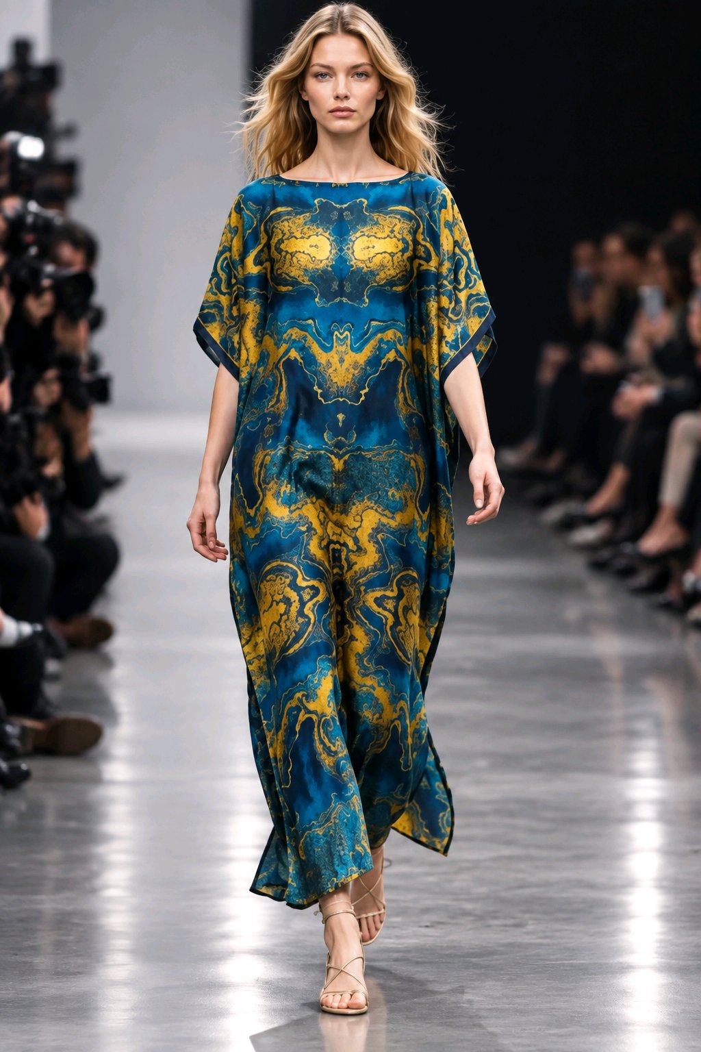 Women's Blue Satin Kaftan with Gold Print, Elegant Maxi Dress with Loose Fit - One Size (S to 2XL)