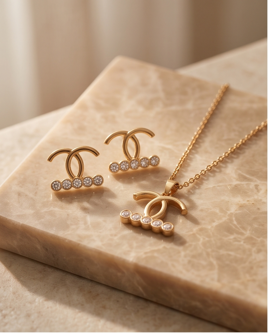Elegance Stainless Steel Jewelry Set — Radiant Gold-Tone Necklace & Matching Earrings