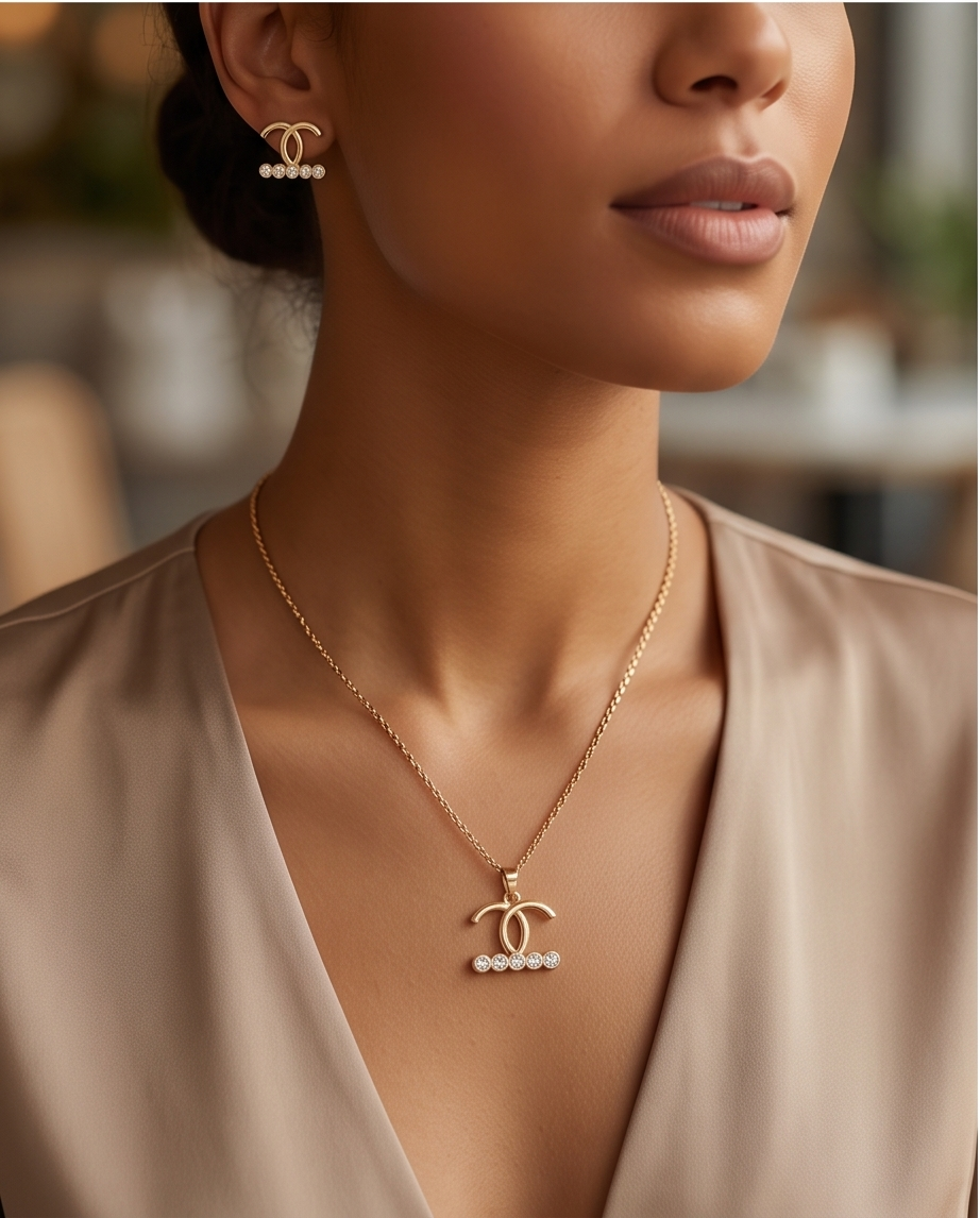 Elegance Stainless Steel Jewelry Set — Radiant Gold-Tone Necklace & Matching Earrings