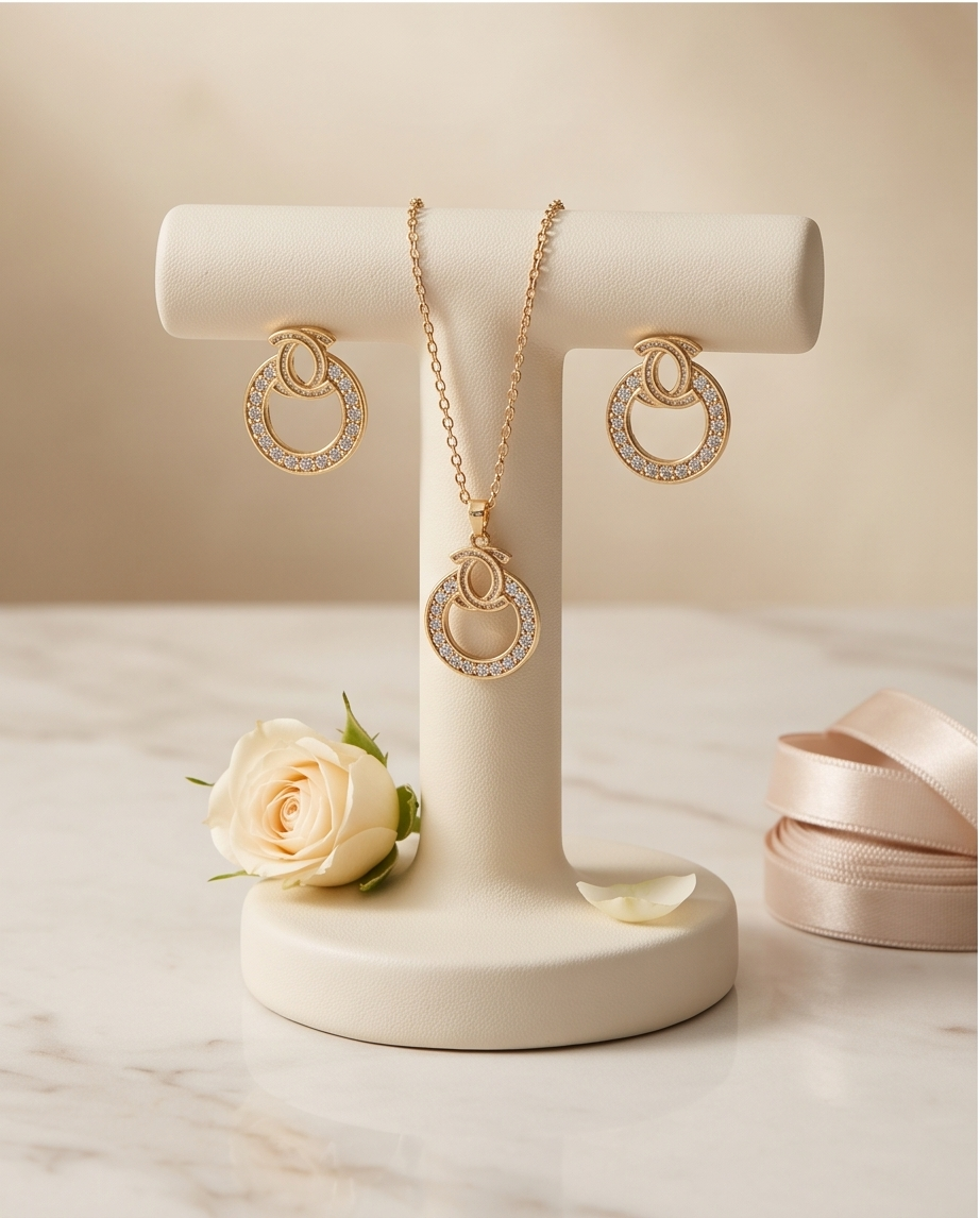 Timeless Glow: Circular Crystal Jewelry Set in Gold-Tone Stainless Steel