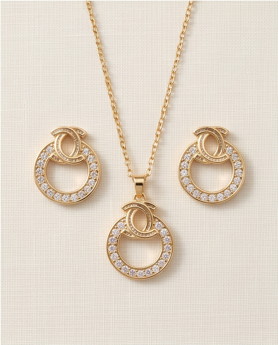 Timeless Glow: Circular Crystal Jewelry Set in Gold-Tone Stainless Steel