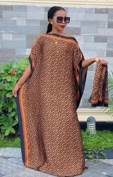 Lightweight Satin Free-Size Maxi Dress with Matching Shawl - Coffee Brown