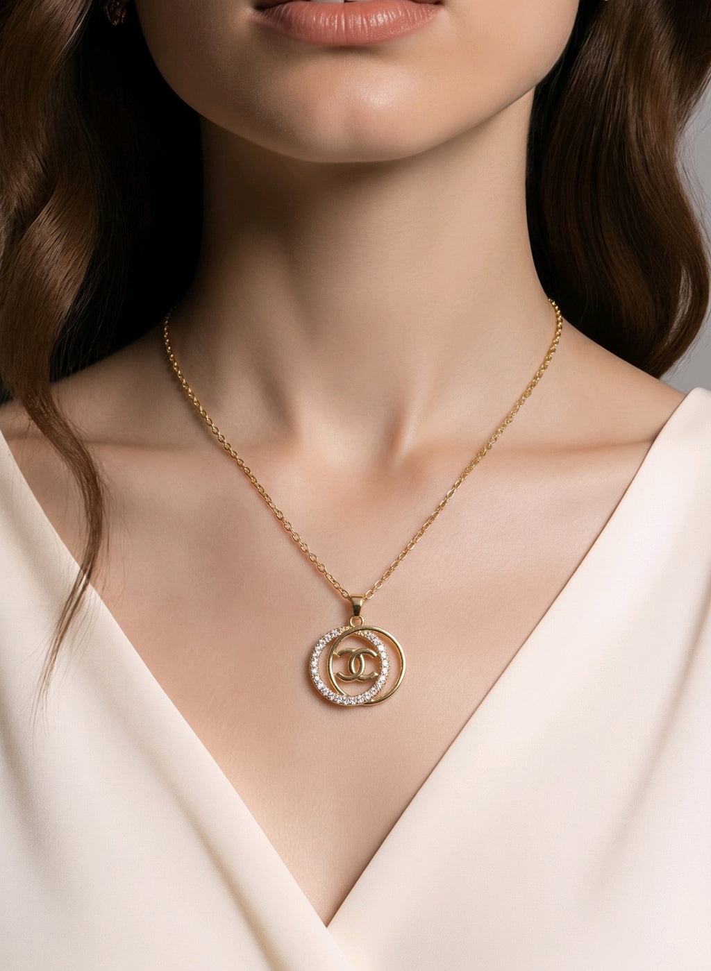 CC Double-Ring Halo Stainless Steel Jewelry Set — Gold Pendant Necklace & Matching Earrings