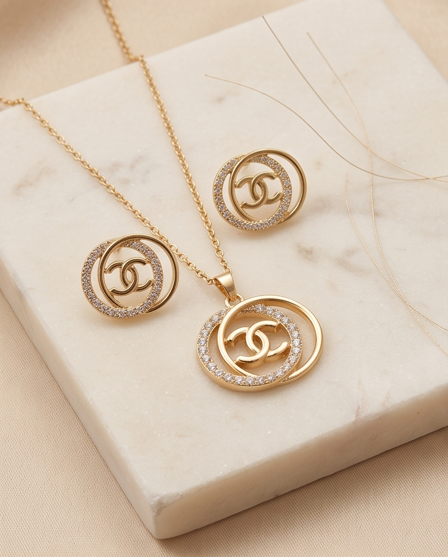 CC Double-Ring Halo Stainless Steel Jewelry Set — Gold Pendant Necklace & Matching Earrings