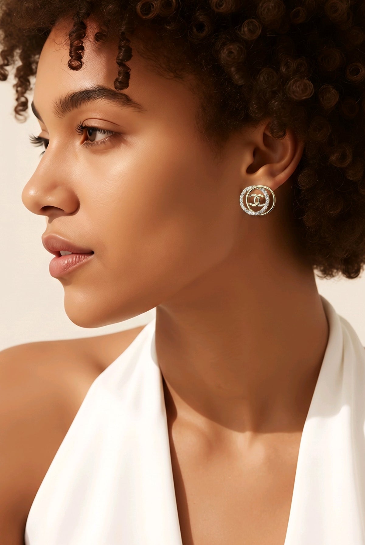 CC Double-Ring Halo Stainless Steel Jewelry Set — Gold Pendant Necklace & Matching Earrings