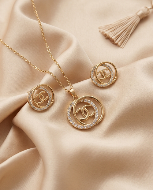 CC Double-Ring Halo Stainless Steel Jewelry Set — Gold Pendant Necklace & Matching Earrings
