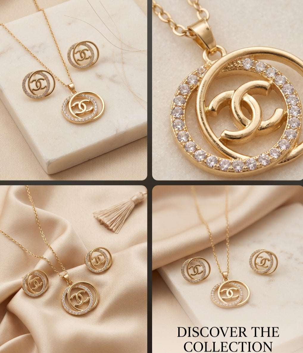 CC Double-Ring Halo Stainless Steel Jewelry Set — Gold Pendant Necklace & Matching Earrings