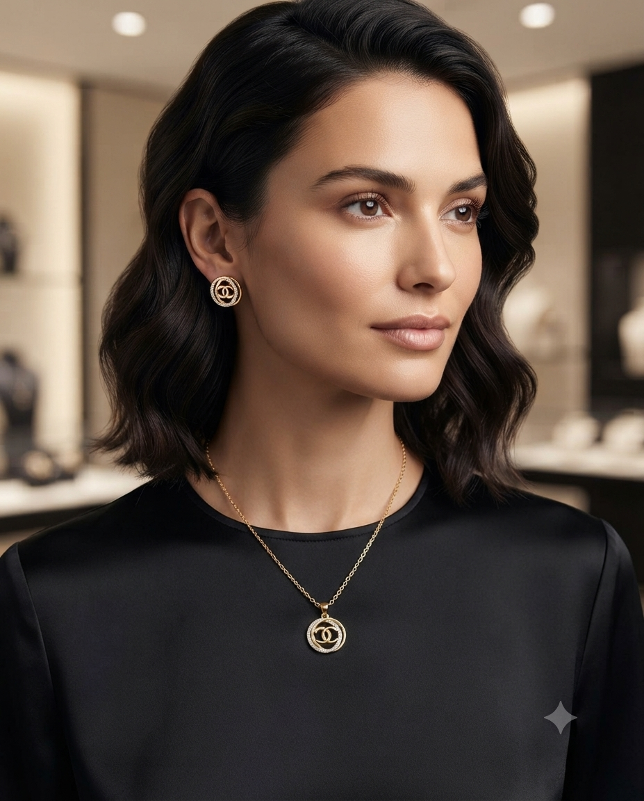 CC Double-Ring Halo Stainless Steel Jewelry Set — Gold Pendant Necklace & Matching Earrings