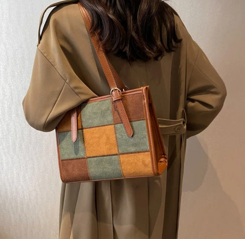 Chic Patchwork Suede Leather Tote Bag with Buckle Detail