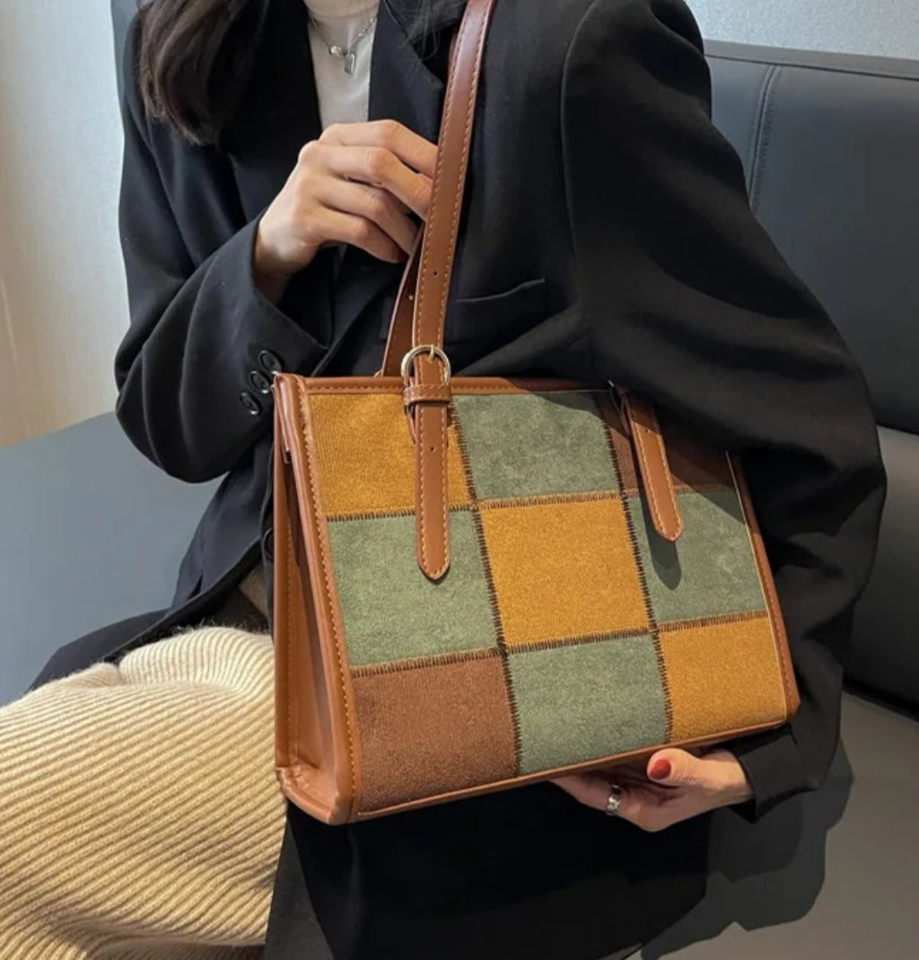 Chic Patchwork Suede Leather Tote Bag with Buckle Detail