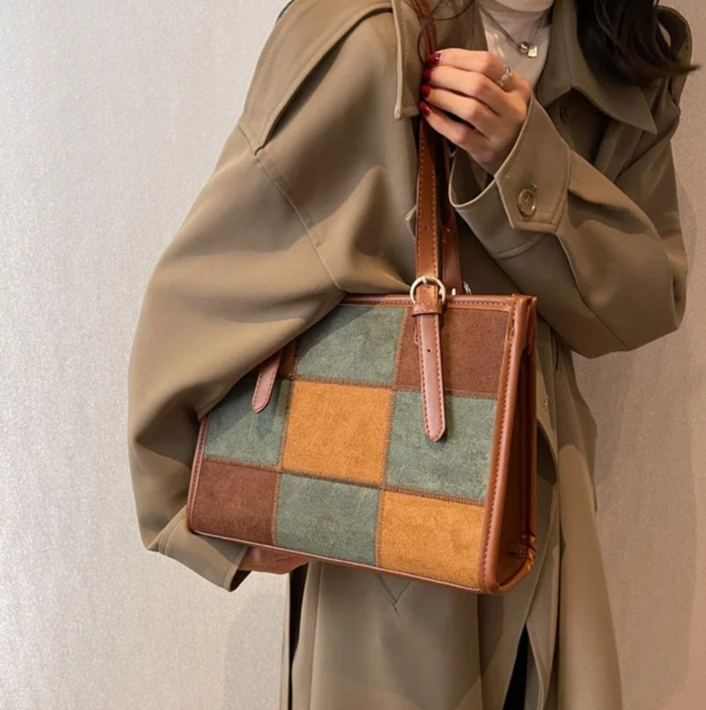 Chic Patchwork Suede Leather Tote Bag with Buckle Detail