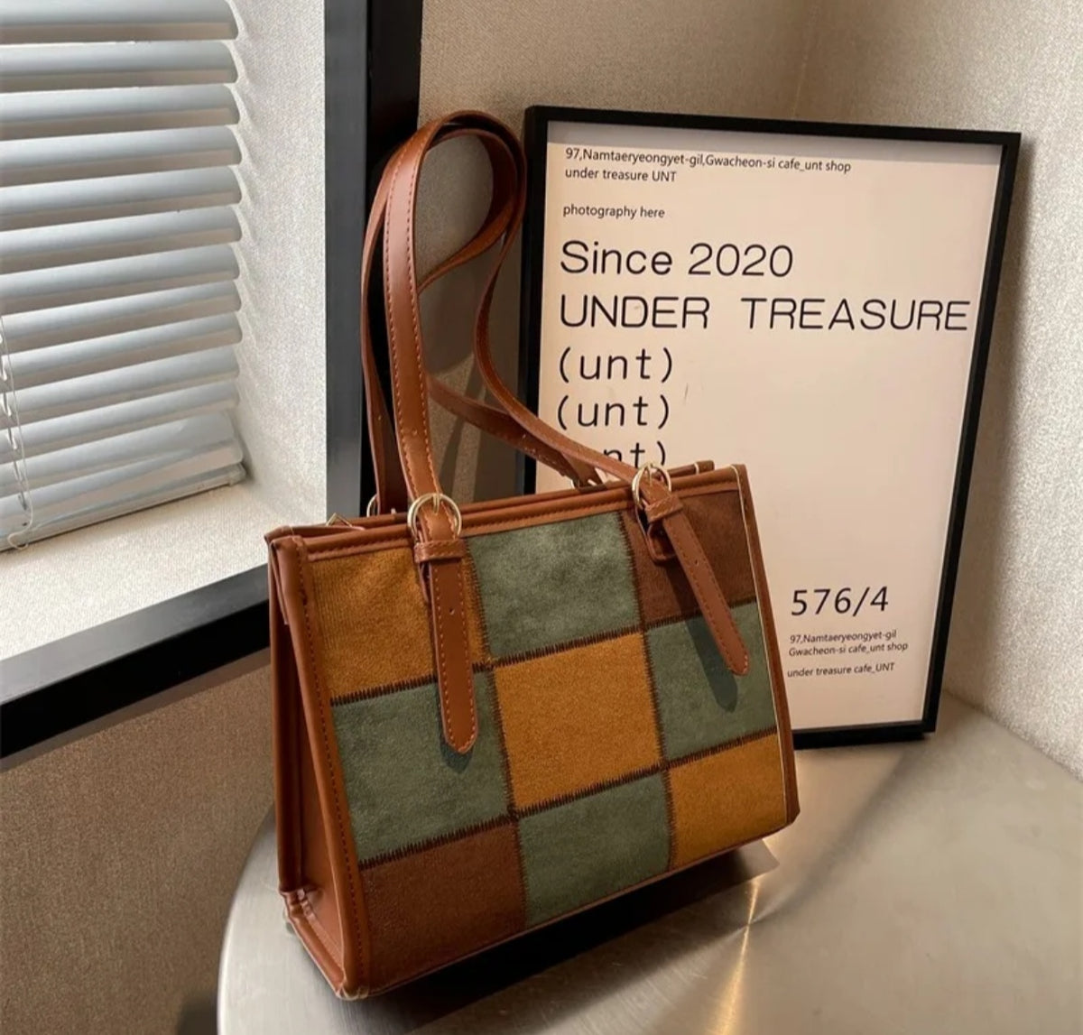 Chic Patchwork Suede Leather Tote Bag with Buckle Detail