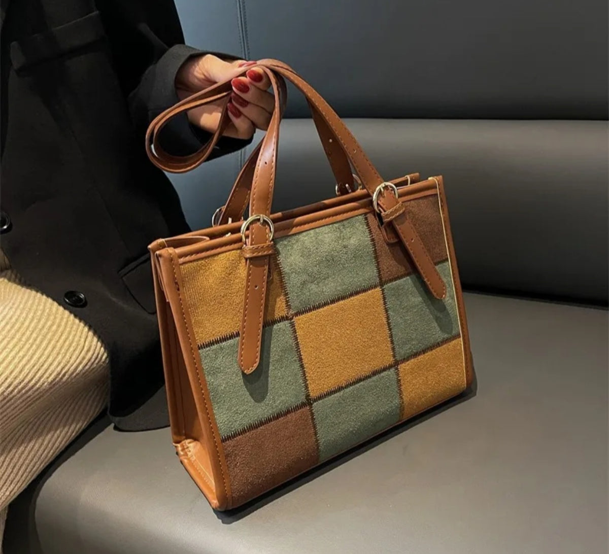 Chic Patchwork Suede Leather Tote Bag with Buckle Detail
