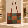 Chic Patchwork Suede Leather Tote Bag with Buckle Detail