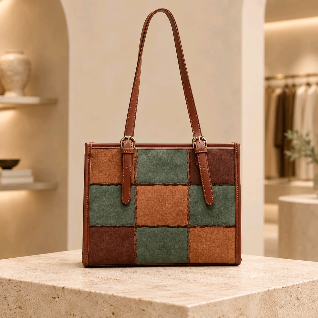 Chic Patchwork Suede Leather Tote Bag with Buckle Detail