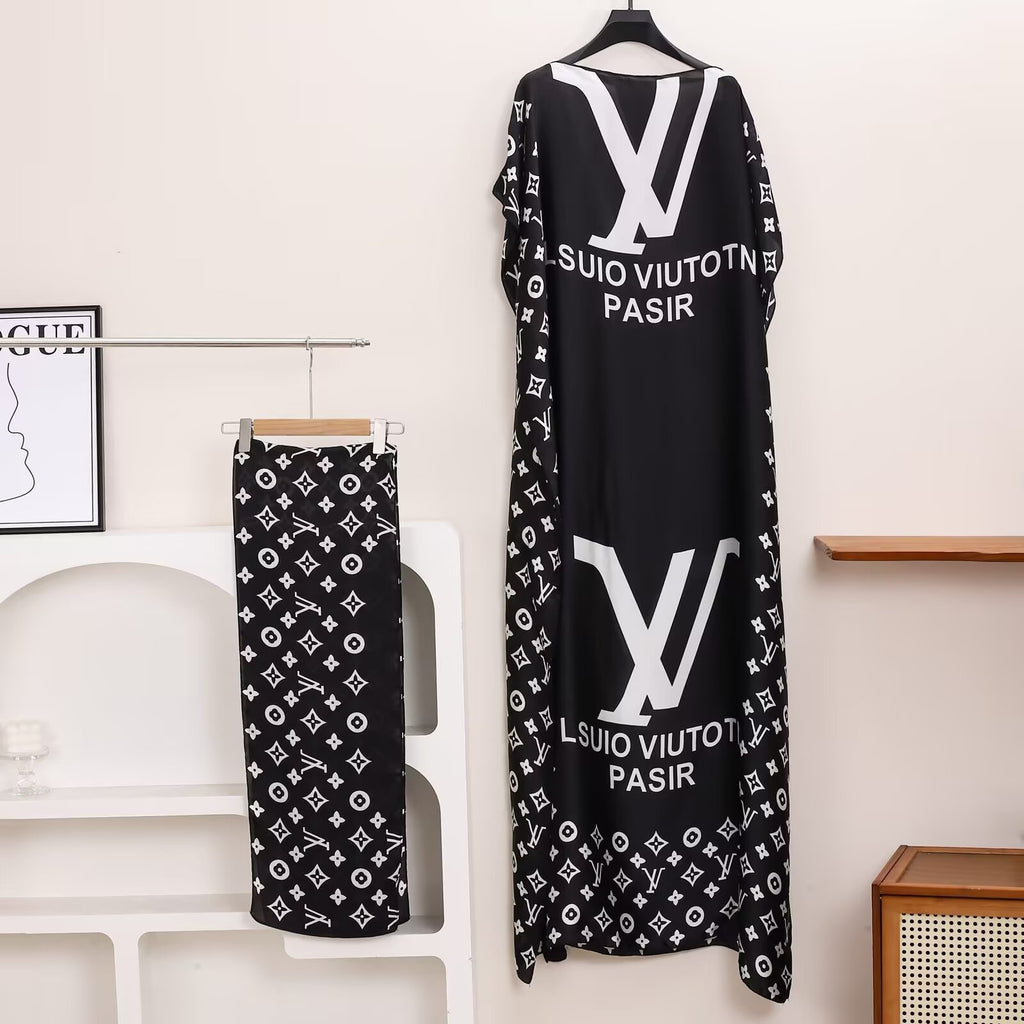 Lightweight Satin Free-Size Maxi Dress with Matching Shawl - Black Monogram