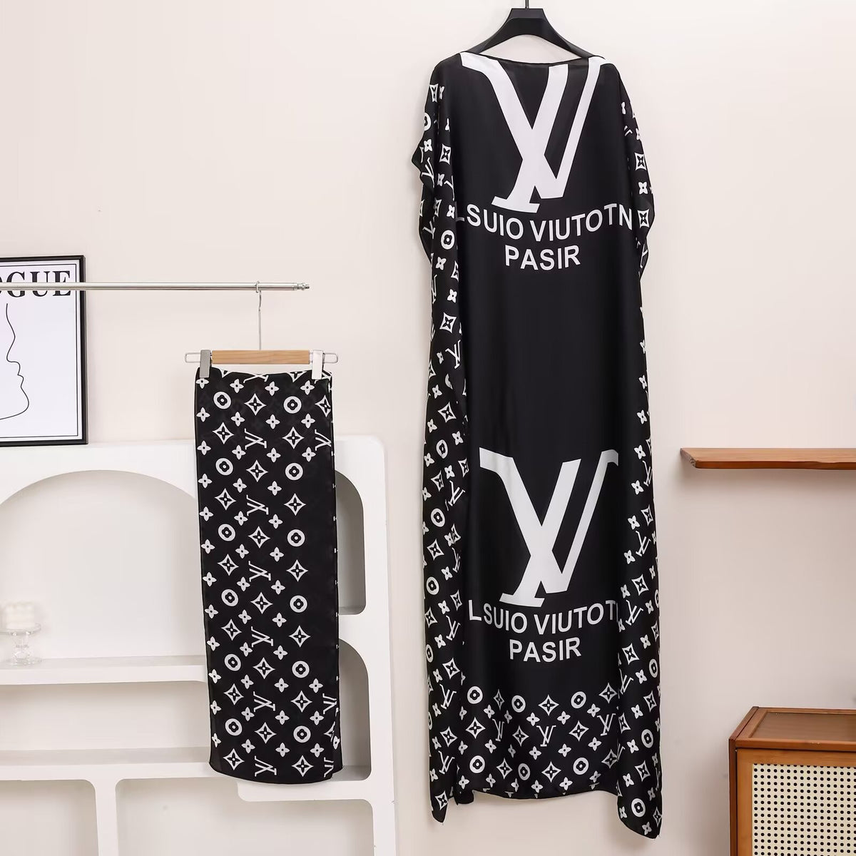 Lightweight Satin Free-Size Maxi Dress with Matching Shawl - Black Monogram