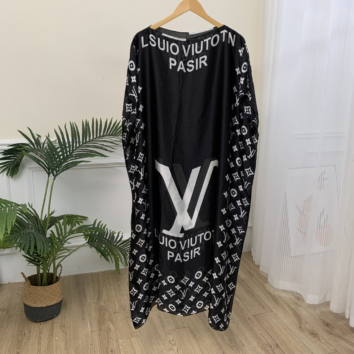 Lightweight Satin Free-Size Maxi Dress with Matching Shawl - Black Monogram
