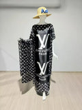 Lightweight Satin Free-Size Maxi Dress with Matching Shawl - Black Monogram