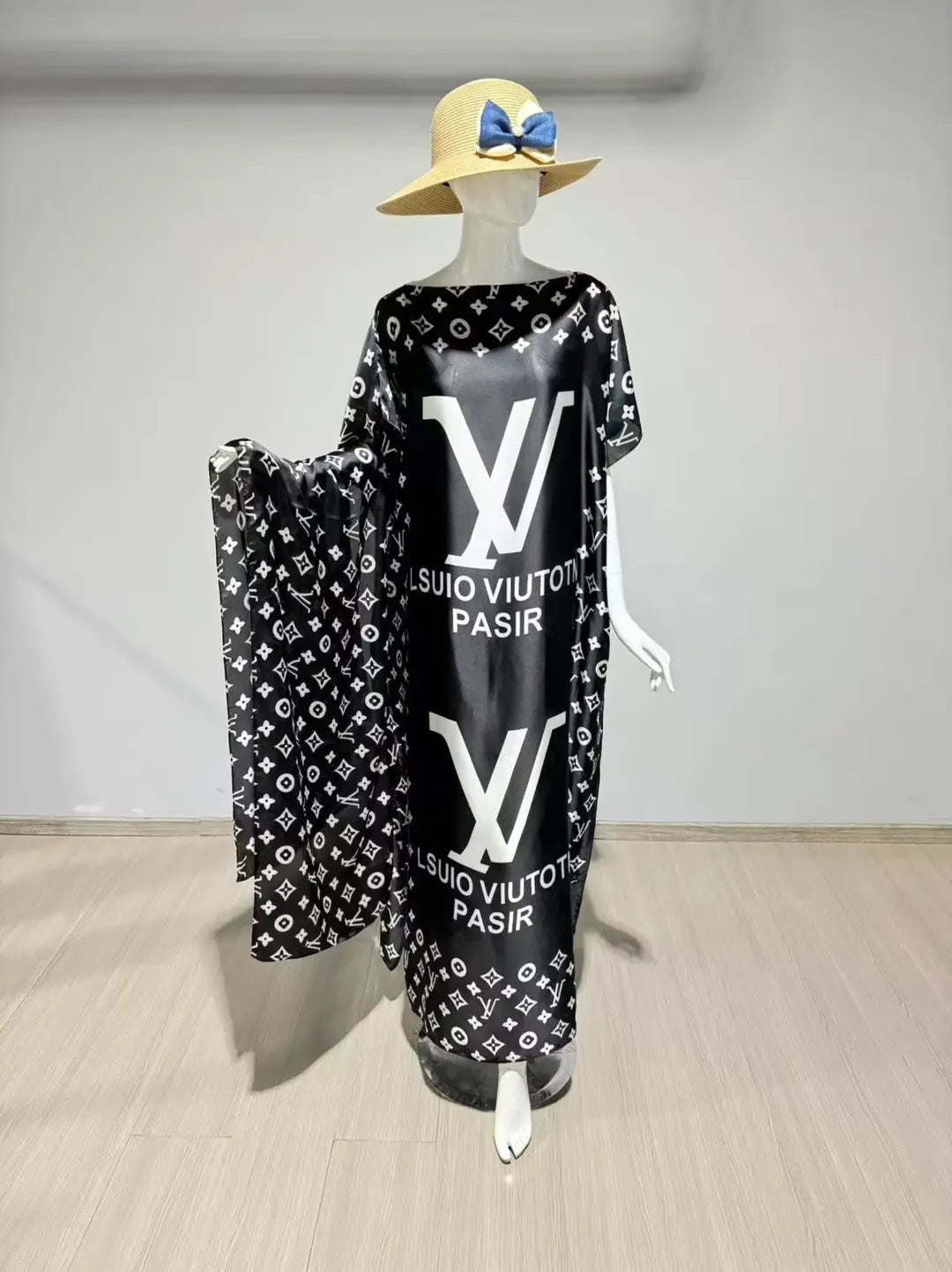 Lightweight Satin Free-Size Maxi Dress with Matching Shawl - Black Monogram