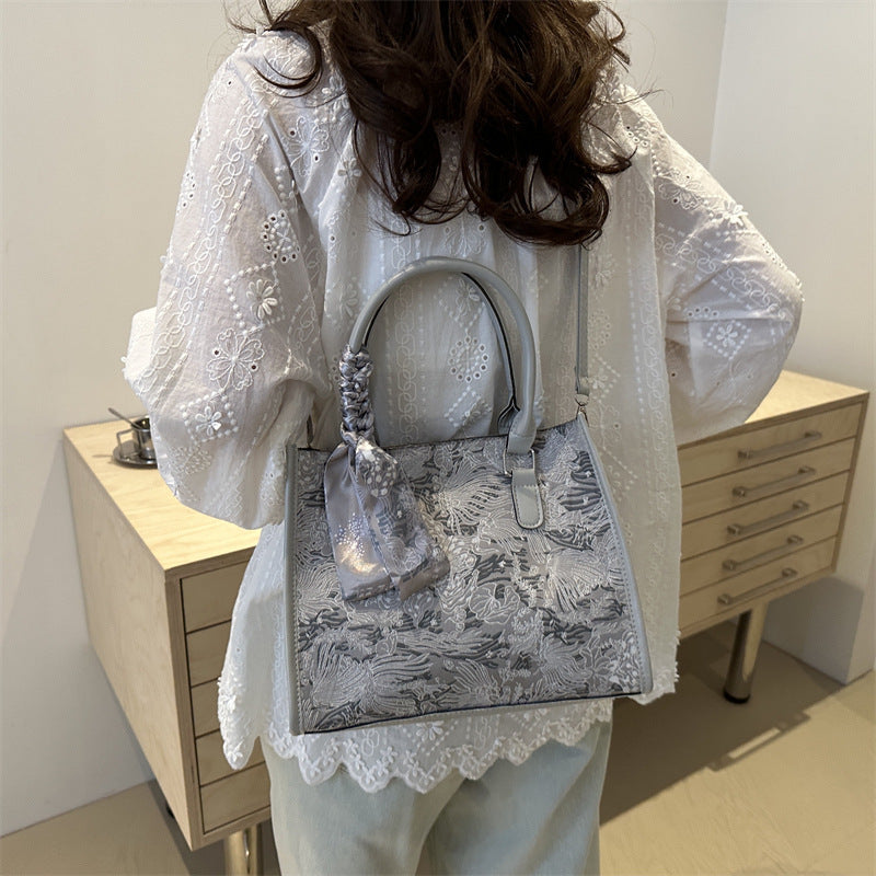 Luxurious Grey Women's Handbag & Shoulder Bag with Scarf