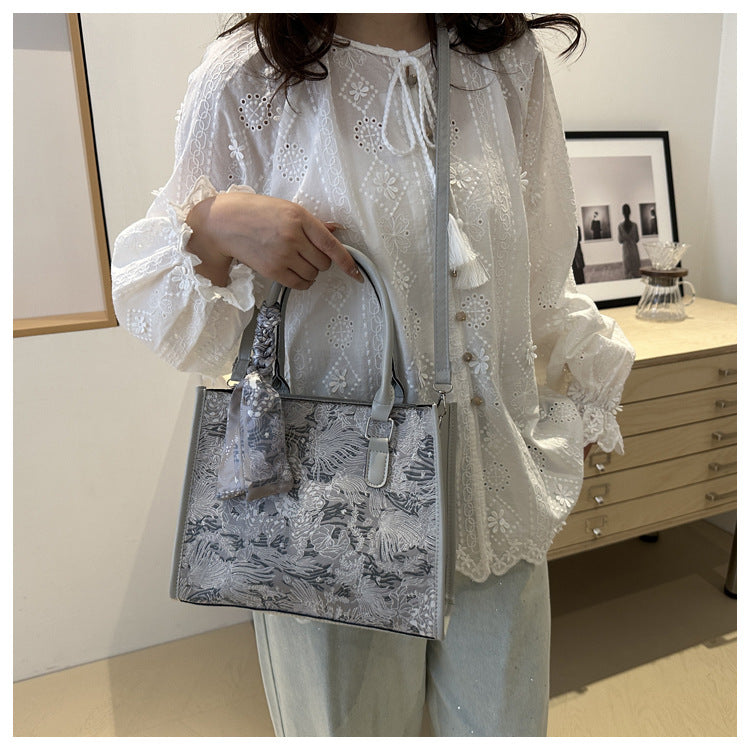 Luxurious Grey Women's Handbag & Shoulder Bag with Scarf