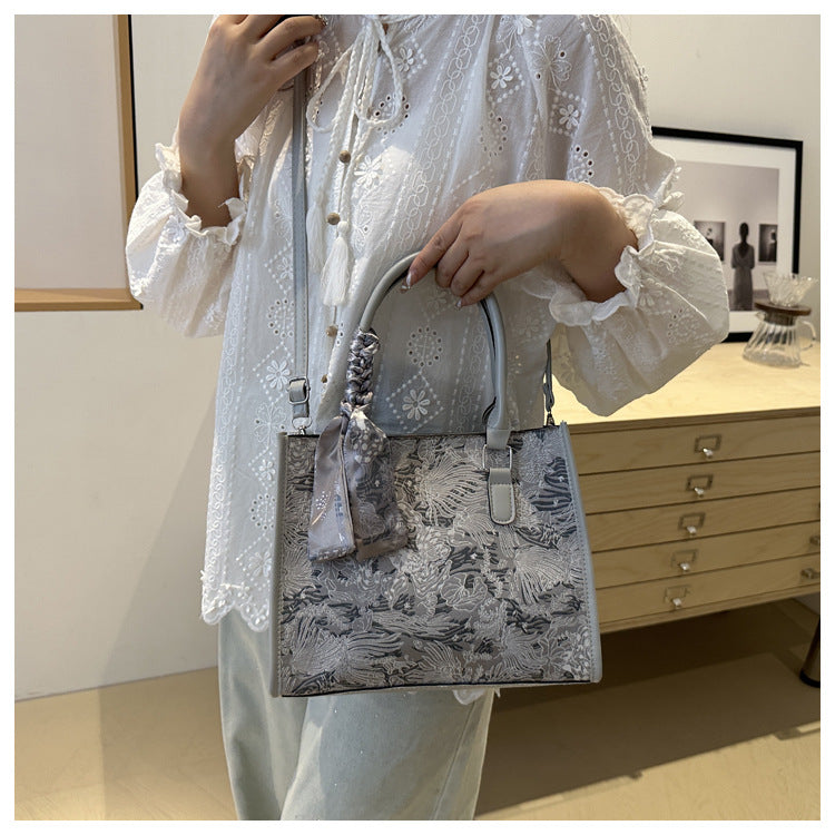 Luxurious Grey Women's Handbag & Shoulder Bag with Scarf