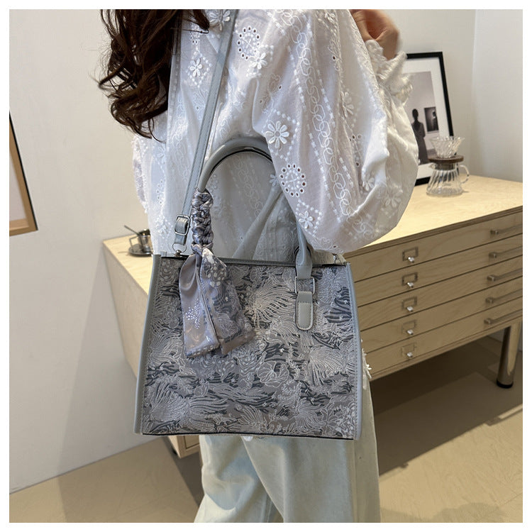 Luxurious Grey Women's Handbag & Shoulder Bag with Scarf