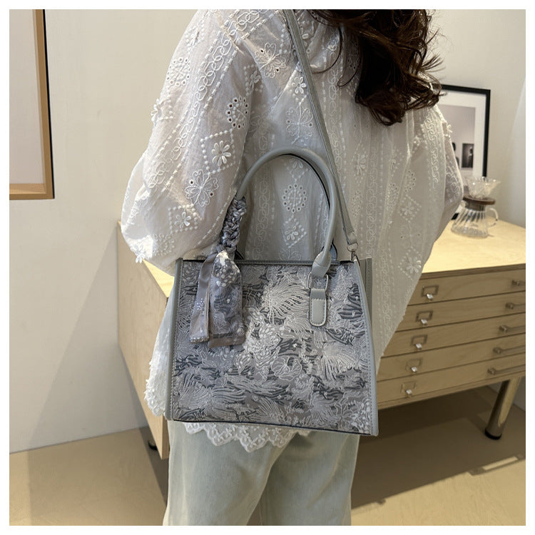 Luxurious Grey Women's Handbag & Shoulder Bag with Scarf