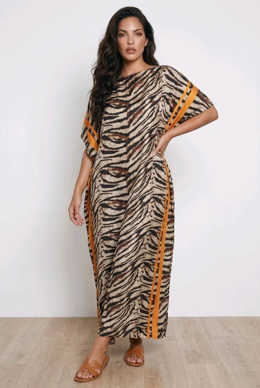 Lightweight Satin Free-Size Maxi Dress with Matching Shawl - Brown Tiger Print