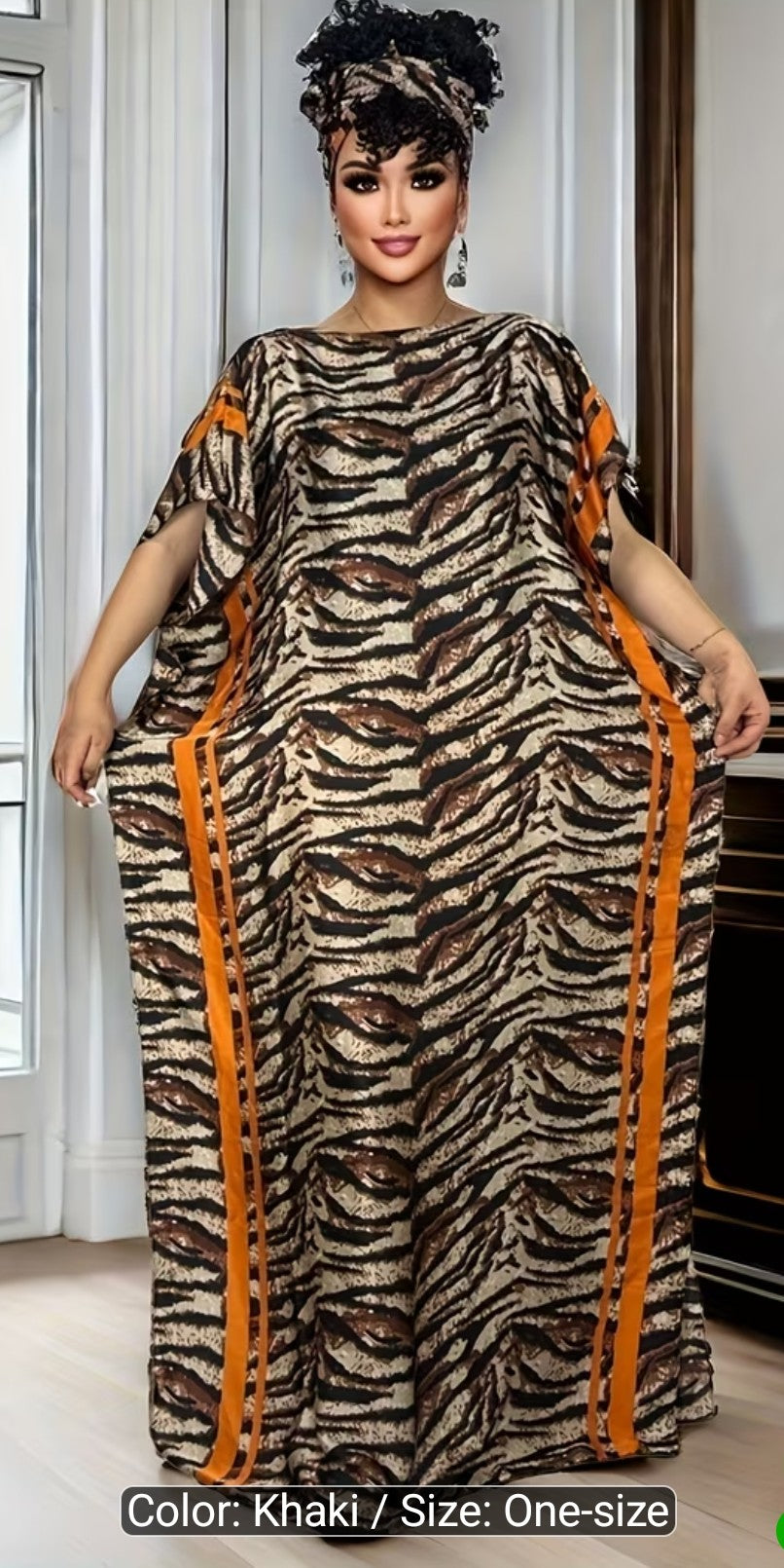 Lightweight Satin Free-Size Maxi Dress with Matching Shawl - Brown Tiger Print