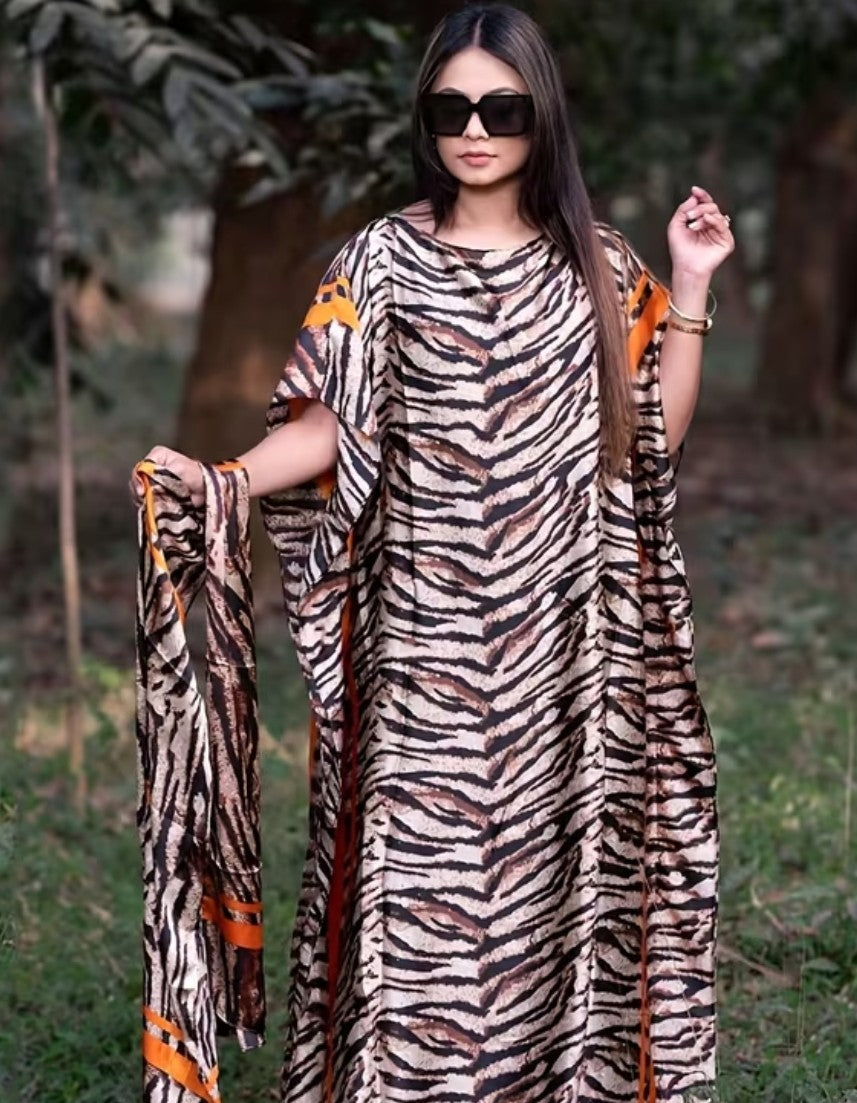 Lightweight Satin Free-Size Maxi Dress with Matching Shawl - Brown Tiger Print