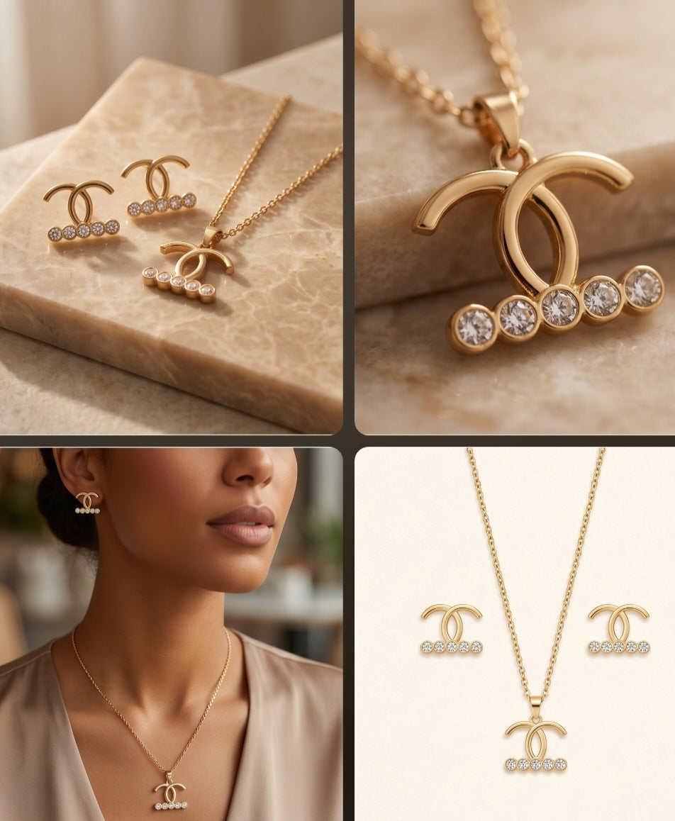 Elegance Stainless Steel Jewelry Set — Radiant Gold-Tone Necklace & Matching Earrings