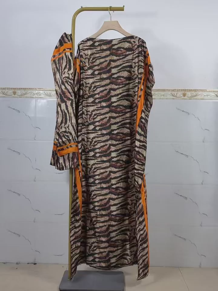 Lightweight Satin Free-Size Maxi Dress with Matching Shawl - Brown Tiger Print