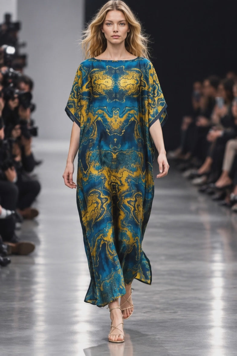 Women's Blue Satin Kaftan with Gold Print, Elegant Maxi Dress with Loose Fit - One Size (S to 2XL)