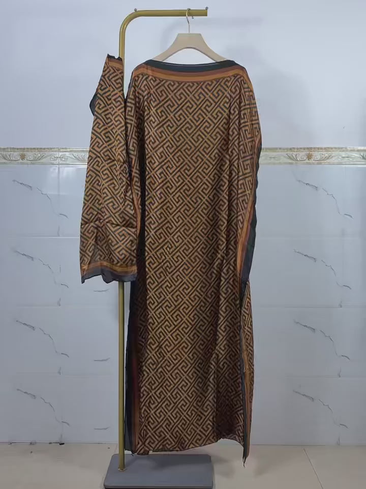 Lightweight Satin Free-Size Maxi Dress with Matching Shawl - Coffee Brown